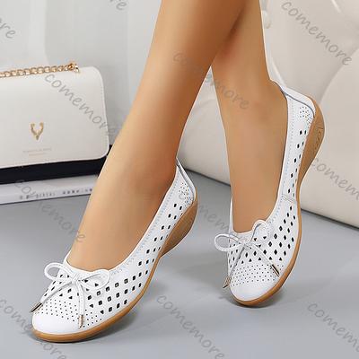 Мода Comemore Летние слипоны Балетки Полые Удобные Женские туфли Кожа Мягкая подошва Клинья Повседневные Однотонные Женские Одинарные туфли