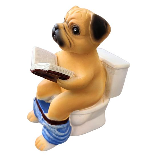 Pug Sitting On Toilet Figurine Reading Book Dog Resin Statue Puppy Animal Sculpture