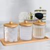 3Pcs Holder Dispenser with Bamboo Lids Clear Acrylic Bathroom Jars with Tray Cotton Swab Storage Dispenser Reusable