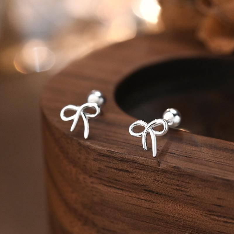 S999 Sterling Silver High-quality Bow Screws Earrings for Women Korean Fashion Small Simple Ear Accessories