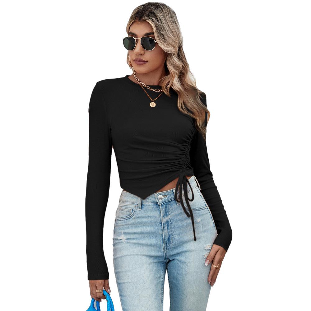 Новая Удобная и Повседневная Необычного Короткого Стиля Плиссированная Приталенная Женская Футболка с Длинным Рукавом