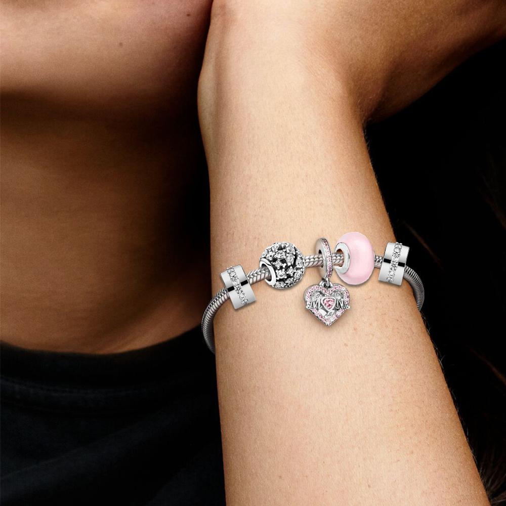 День матери S925 Серебряное Сердце Розовый Висячий Шарм Стеклянная Бусина Змеиная Кость Браслет-Цепочка Набор Ювелирных Изделий Для Женщин Подарки На День Рождения