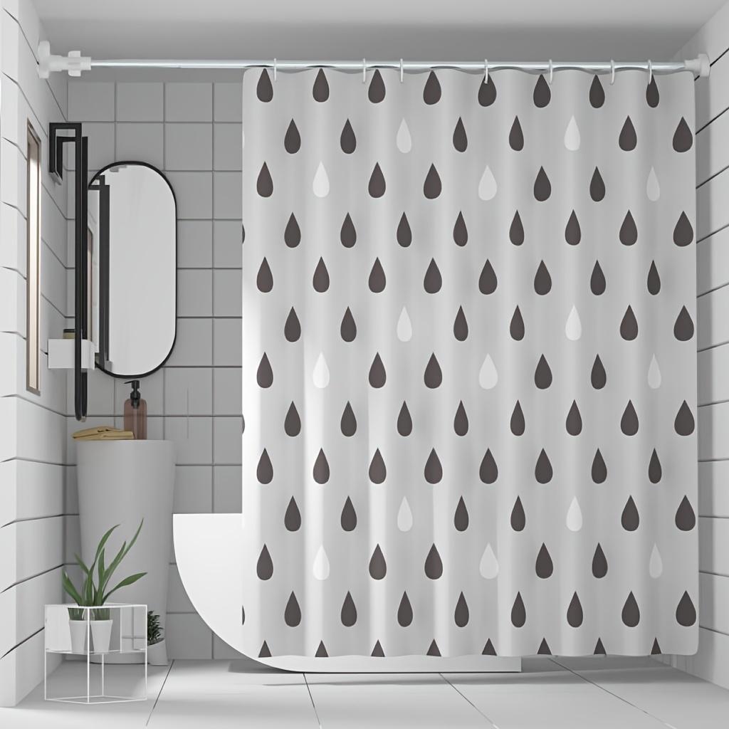 1 Raindrop Shower Curtain with Grey and White Water Drop Pattern. This Thickened Pure EVA Translucent Printed Bathroom Curtain Measures 72x72 Inches
