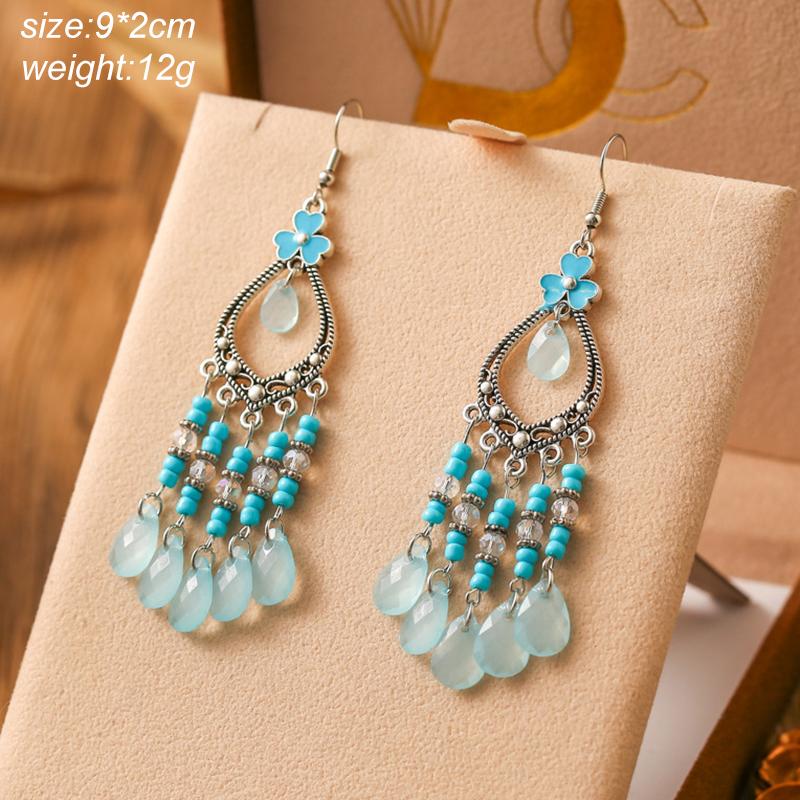 Blue Fashion Boho Temperament Water Drop Feather Earrings for Women Long Crystal Rhinestone Drop Oil Dangle Earring Jewelry