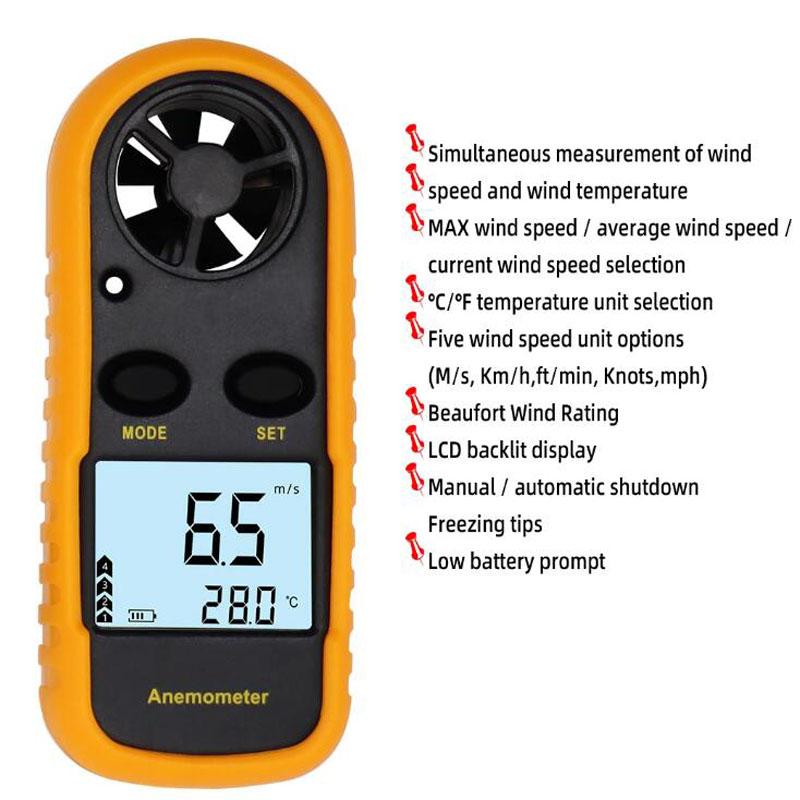 Digital Anemometer 0-30m/s Wind Speed Meter Mini Air Velocity Airflow -10°C ~ 45°C Temperature Tester with LCD Backlight