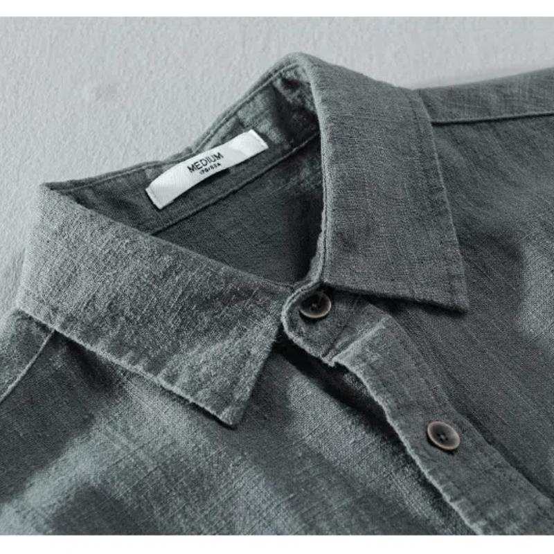 Long Sleeve Cotton Linen Man Shirts Summer Tops Classical Turn-down Collar Green Button Shirt Daily Men's Casual Shirt Beach Breathable Shirt