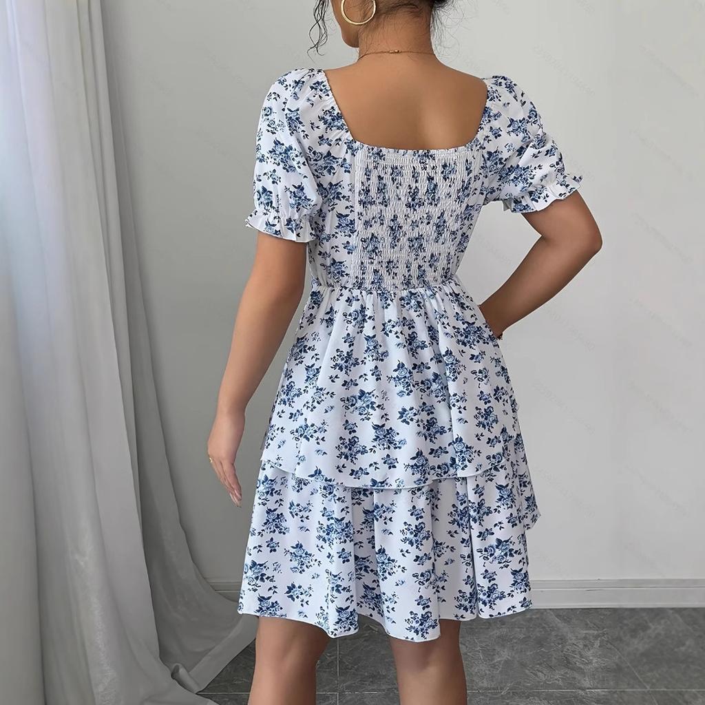 Синее цветочное платье женская одежда поставка sheintemu цветок рукав-буф кружево поставка