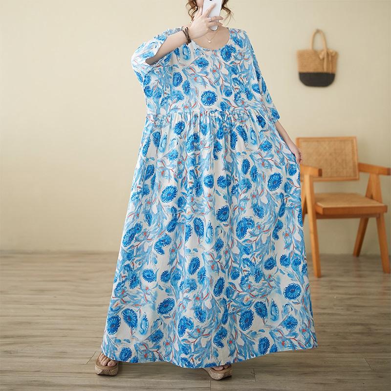 Новое винтажное платье с цветочным принтом больших размеров с коротким рукавом для женщин, повседневное свободное длинное летнее платье