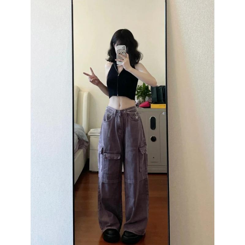 Большой размер, американская ретро-фиолетовая рабочая одежда, джинсы, женские осенние свободные широкие брюки с высокой талией для девочек, модные брюки-швабры