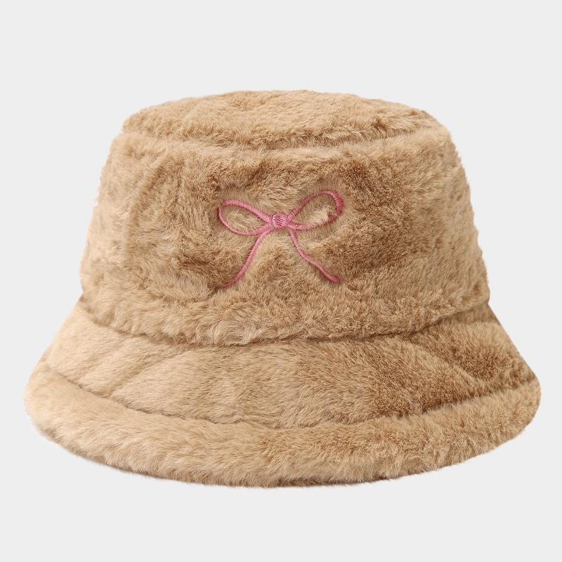Women S Bow Embroidered Plush Bucket Hat Winter Outdoor Fashion Sun Hat