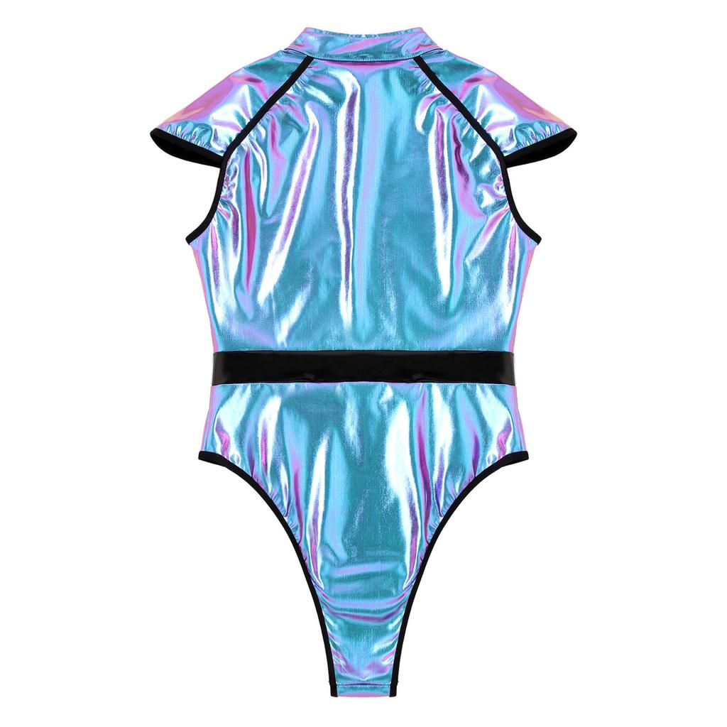 Женский костюм на Хэллоуин с блюдцем, мужской костюм для ролевых игр, боди на молнии спереди с высоким вырезом, комбинезон из лакированной кожи с высоким вырезом