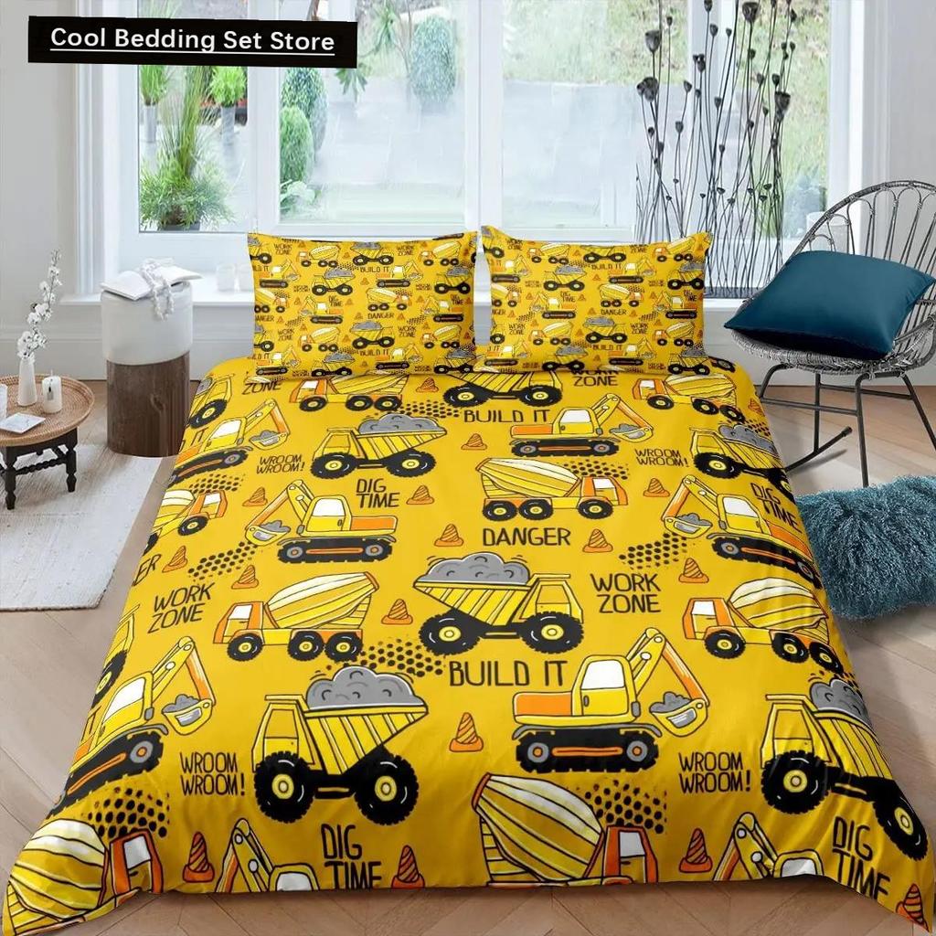 Kid Excavator Duvet Cover Tractor Truck Bedding Set Construction Vehicle Cartoon Comforter Cover Crane Car Polyester Quilt Cover