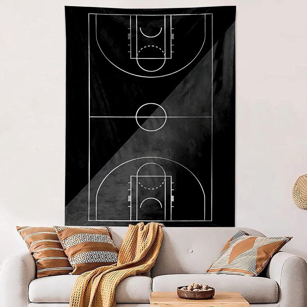 Basketball Court Design on Black Patterned tapestry home decor, suitable for bedroom and living room, gift