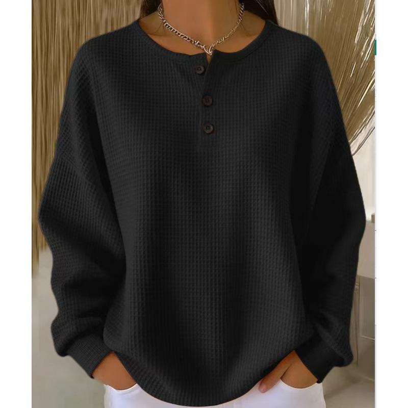 Женская толстовка-henley с круглым вырезом и длинным рукавом, свободного кроя, в винтажном стиле, однотонная, вафельная вязка, пуловер для весеннего повседневного образа