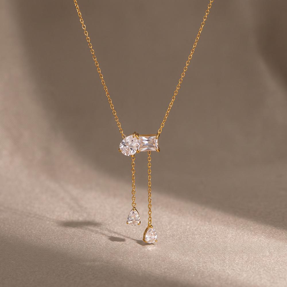 Luxury Waterdrop Square Zircon CZ Pendant Necklace for Women Gold Plated Stainless Steel Clavicle Chain Collar Necklaces Jewelry