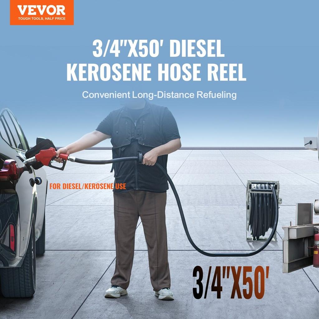Fuel Hose Reel, 3/4" x 50', Extra Long Retractable Diesel Hose Reel, Heavy-Duty Carbon Steel Construction with Automatic Fuel Nozzle, NBR Rubber Hose