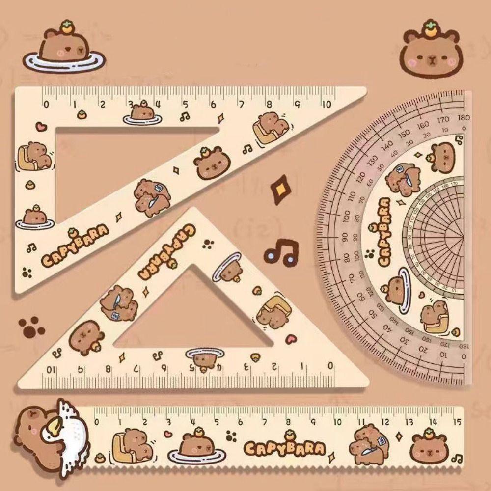 Симпатичная линейка, набор из четырех предметов, мультяшный узор с капибарой, набор линеек, треугольный транспортир, детский набор