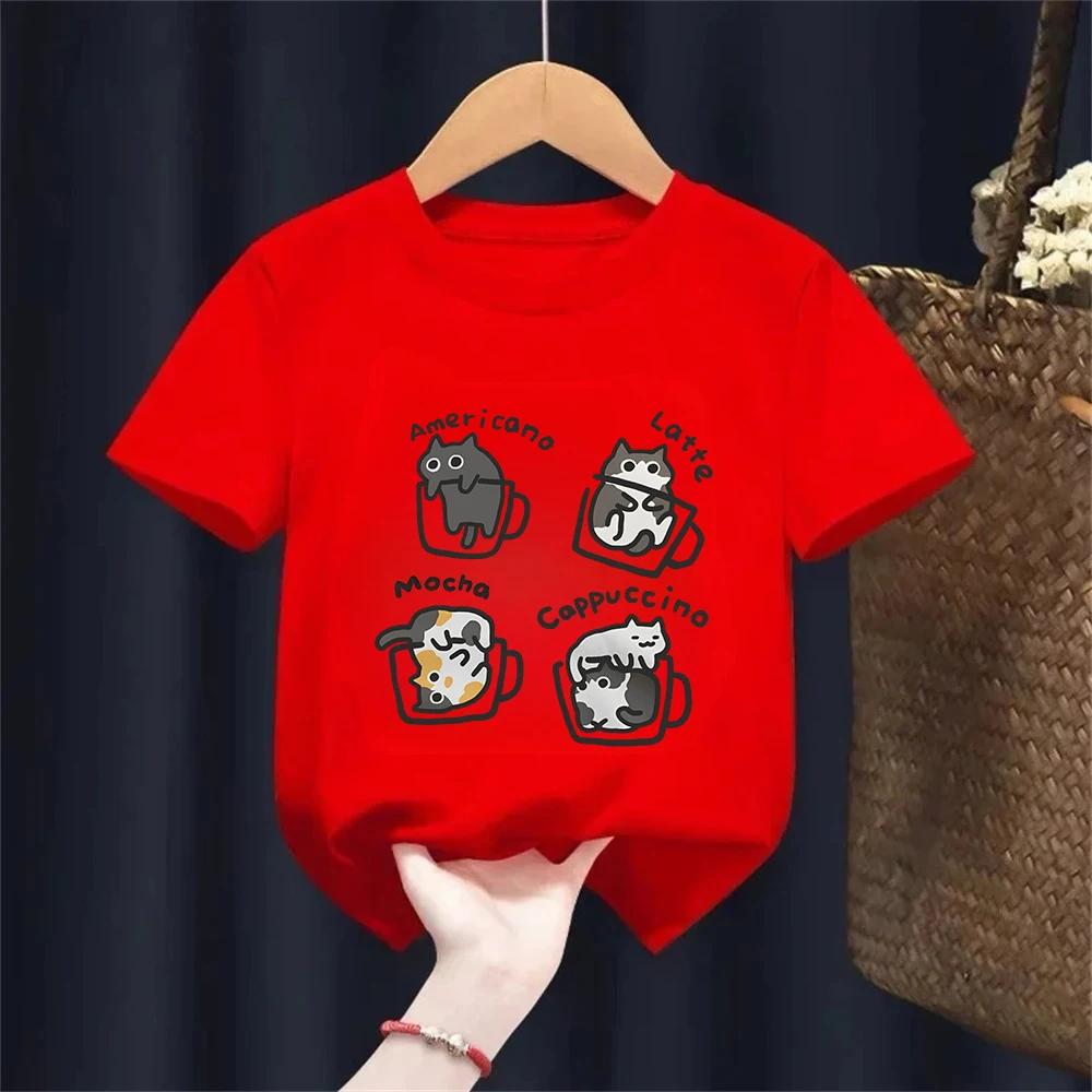 Cat Coffee Pure Cotton Trendy Summer Kids Short Sleeved Tshirt BoyGirl Original Mocha Latte Cat Three Flowers Fun Cat Tees