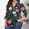 Plus Size Women's Fashion Casual Vintage Print V-Neck 3/4 Sleeve Button T-Shirt Top