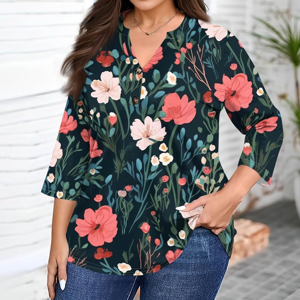 Plus Size Women's Fashion Casual Vintage Print V-Neck 3/4 Sleeve Button T-Shirt Top