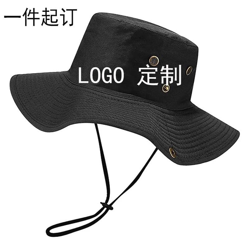 LOGO printing embroidered cotton sunshade bucket hat men's sunscreen UV protection big eaves hat foldable hiking