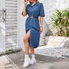 Denim Dress for Women Short Sleeve Jean Dress Button Down Lapel