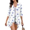 Women's Fall Print Irregular Three-quarter Sleeve Cardigan With Pocket Jacket