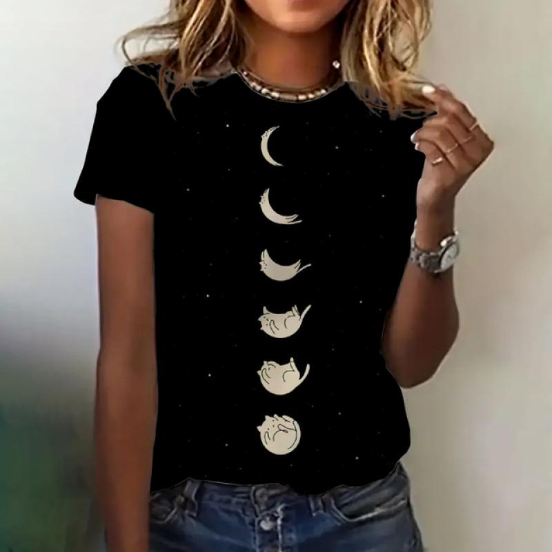 Women's T-shirt Cat Print Short Sleeve Summer Casual Wear Loose Top Fashion Round Neck Short Sleeve Women's Elegant T-shirt