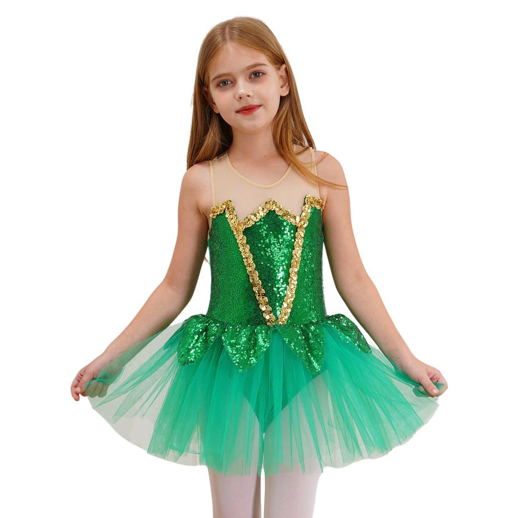 Girls Halloween Elf Cosplay Costume Sleeveless Keyhole Back Shiny Sequins Mesh Tutu Dress Bodysuit Jumpsuit