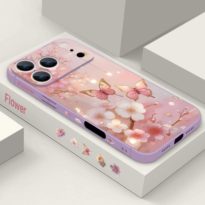 For iPhone 17 Pro Max Case Dream Butterfly Floral Pattern Soft Silicone Lanyard Cover For iPhone 16 Pro Max Cover iPhone 15 14 13 12 11 16E