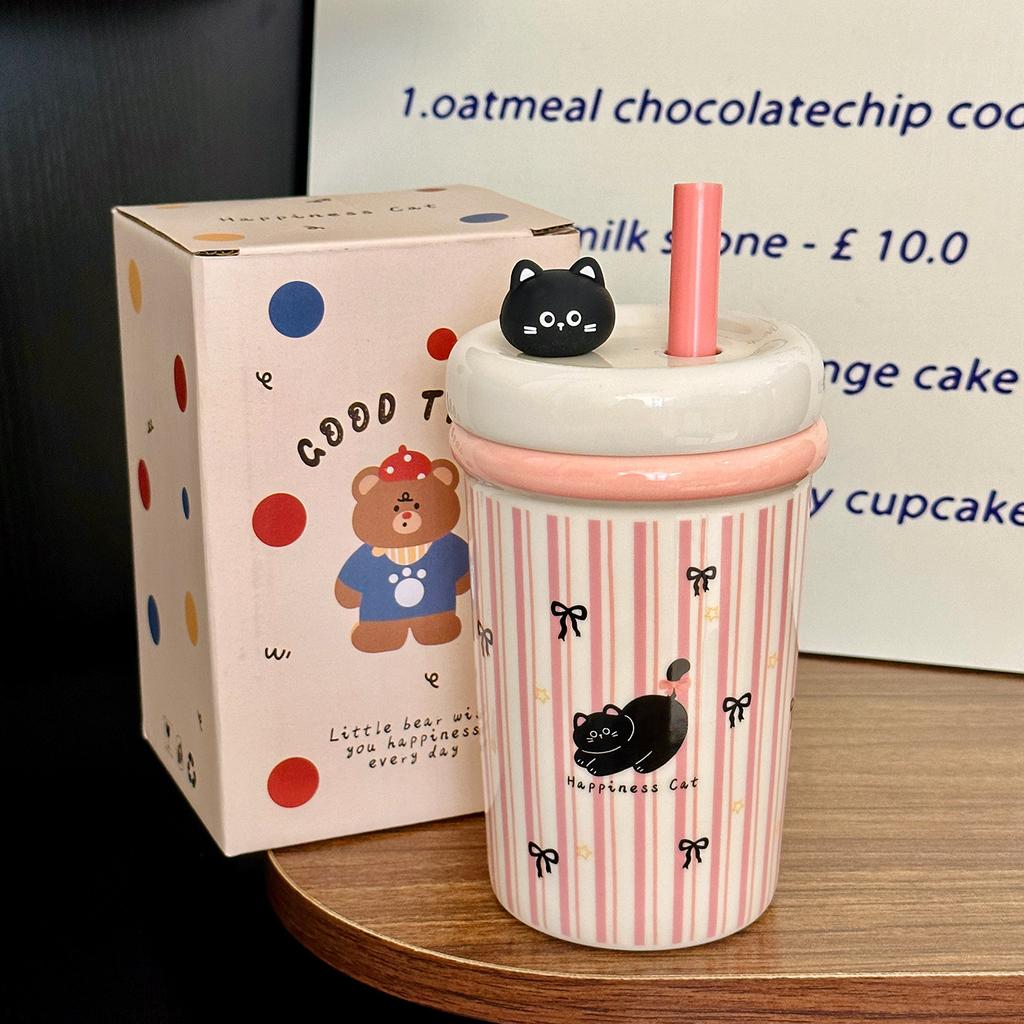 Cartoon Straw Cup Large Capacity Ceramic Drinking Cup with Lid  Cute Animal Breakfast Milk Cup  Souvenir