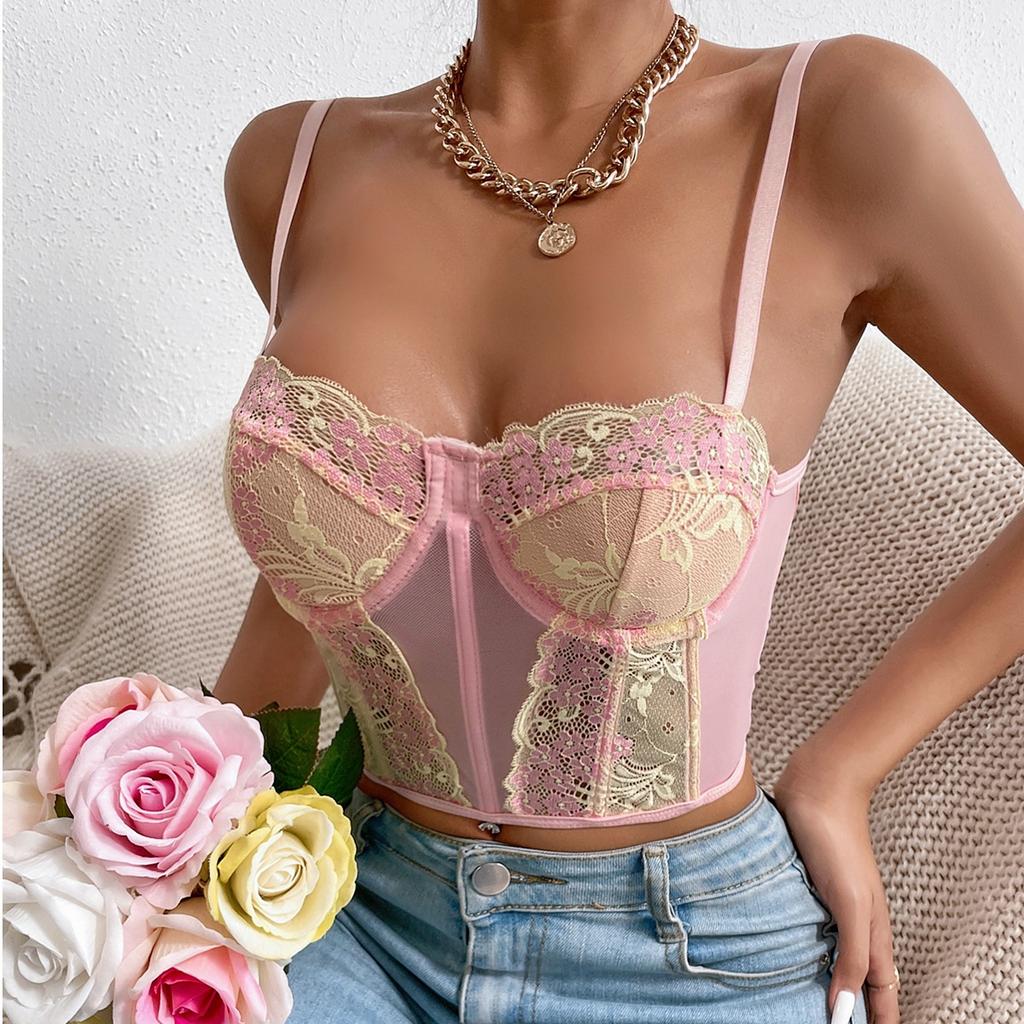 Women Summer Floral Lace Sexy Camisole Fashion Slim Bodycon Basic Suspender Tops Party Ins Streetwear Retro Mesh Camis