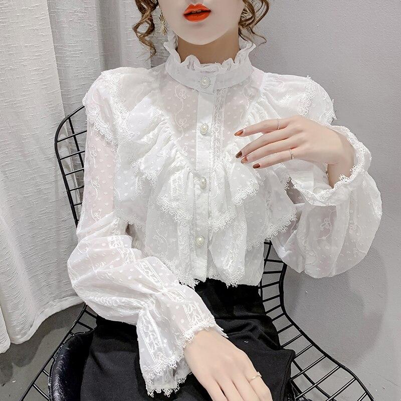 Fashion Ruffle Vintage Blouse Women Elegant Long Sleeve Lace Shirt Loose Chiffon Shirts Stand Collar Pleated Tops Blusas 15832
