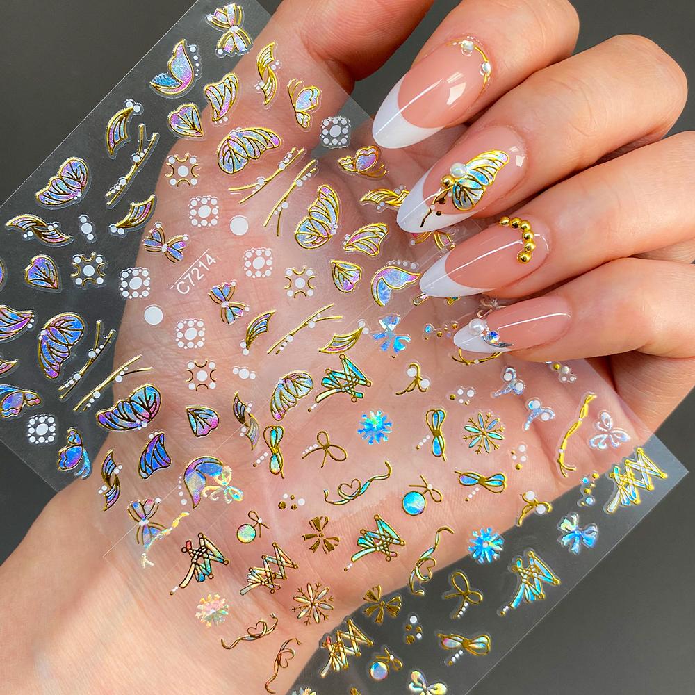 20 шт./компл. 3D голографическая лазерная Золотая наклейка для ногтей с бабочкой, бронзовые цветы, сердце, самоклеящиеся слайдеры для ногтей, маникюрные наклейки