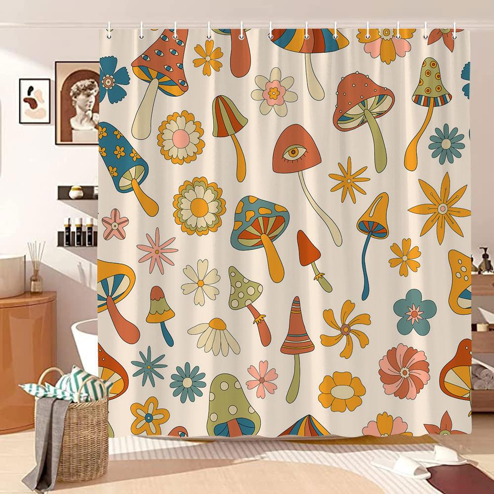 Mushroom Shower Curtain Retro Butterfly Floral Boho Moon Botanical Wildflowers Green Plant Aesthetic Bath Curtain Bathroom Decor