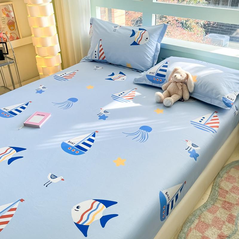 Cartoon Style Ocean Fish Pattern Fitted Sheet Set Sailboat Print 100% Cotton Mattress Protector for Kids Boys Girls Bedding Set