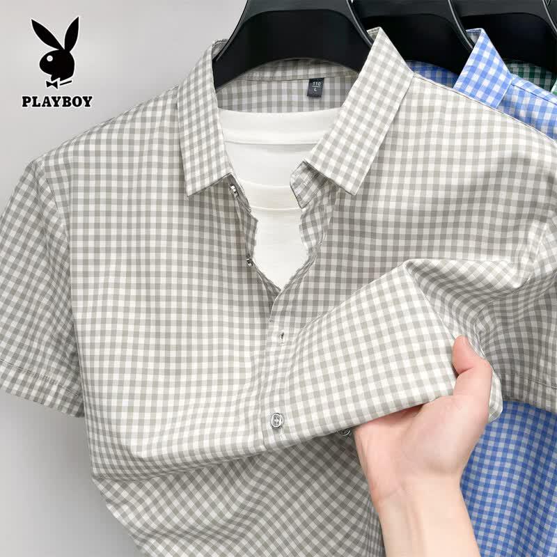 PLAYBOY Мужская клетчатая хлопковая рубашка с коротким рукавом
