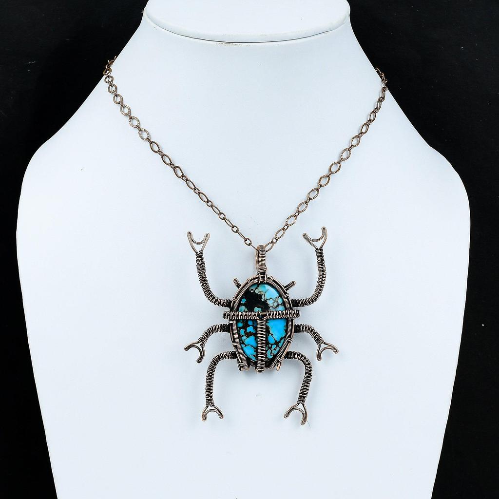 Тибетский бирюзовый кулон, медная проволока, обернутые подвески, натуральный кулон с драгоценным камнем, ювелирные изделия из медной проволоки, кулон ручной работы, кулон с жуком для подарка