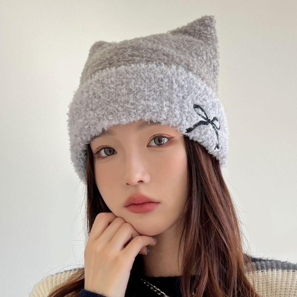 Bow Cat Ears Hat Keep Warm Winter Knitted Hat Personality Knitted Beanie Hat Female/Girls
