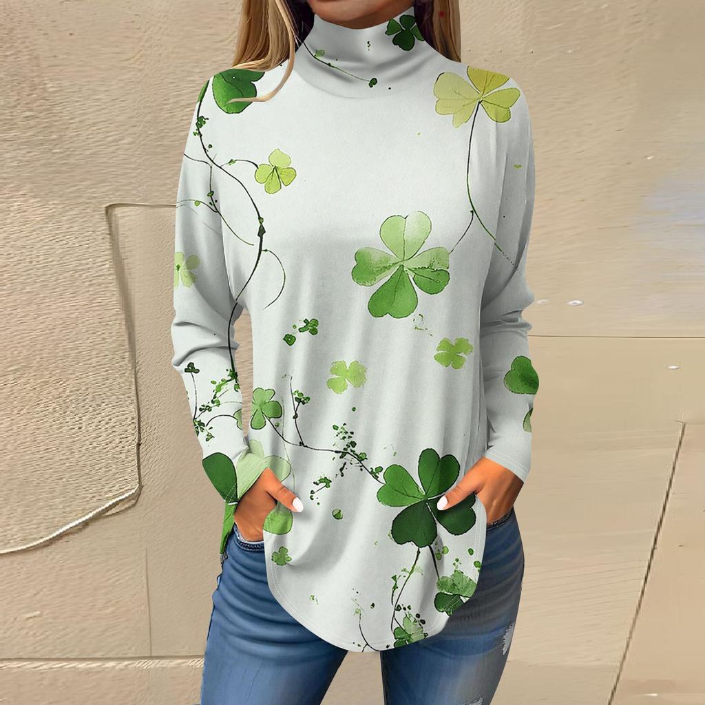 Женский свободный с высоким воротом St. Футболка с длинным рукавом и принтом Патрика. Верхний пуловер.