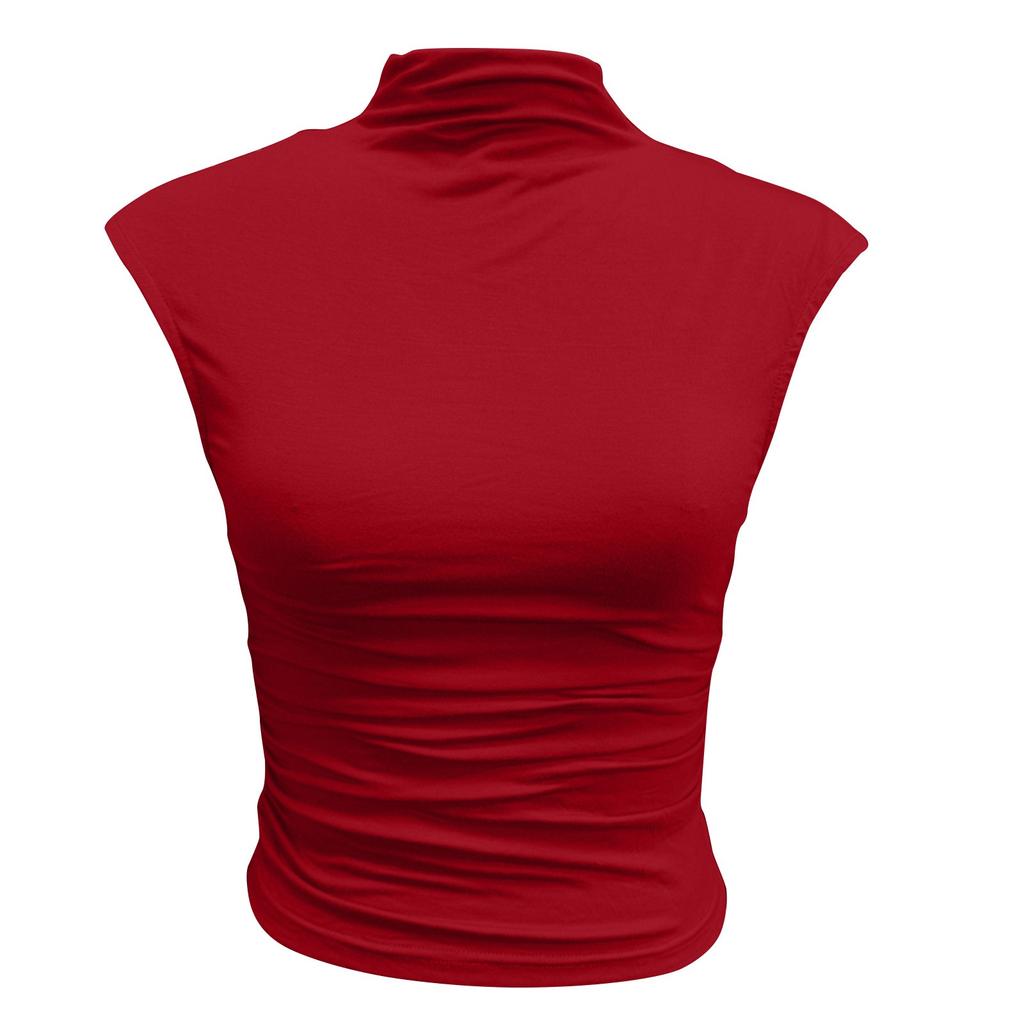 Женский повседневный однотонный топ-майка с полувысоким воротом, облегающий, без рукавов, универсальный