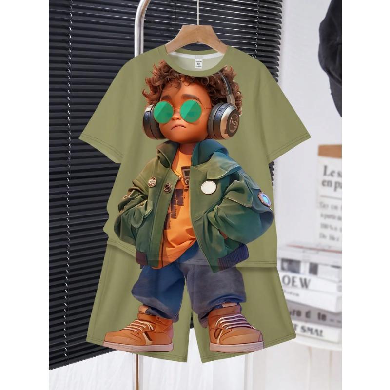 Little Boy Casual Simple Cartoon Fashion Handsome Cool Boy Pattern Short Sleeve Round Neck 2-piece Suit Suitable for Summer