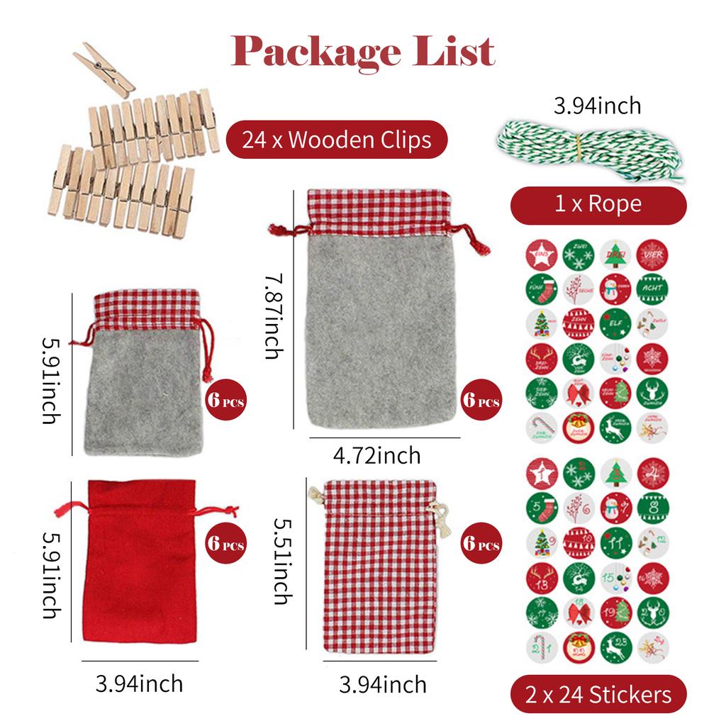 24 шт. сумки для рождественского календаря, 24 дня, календарь обратного отсчета до Рождества, мешковина, сумка для конфет с деревянными вставками