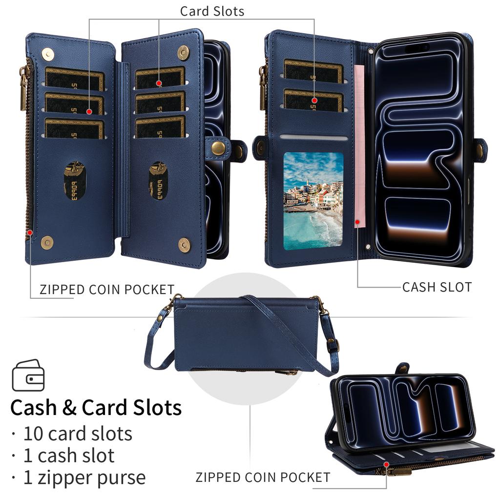 Wallet-Style Protective Case for IPhone 18 Pro Max 17 Pro 16 Plus 15 14 13 Mini, Cross-Shoulder Phone Case with Coin Pocket and Multiple Card Slots,