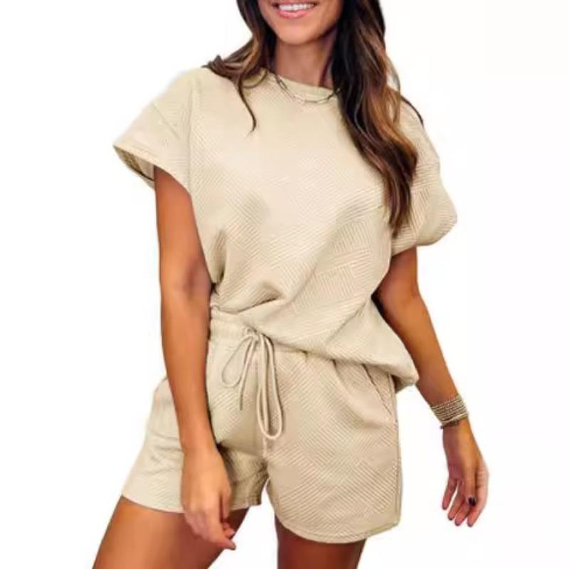 Однотонный топ с круглым вырезом и короткими рукавами для женщин, весна-лето, фактурная ткань, модные шорты, комплект для женщин, костюмы и комплекты для женщин