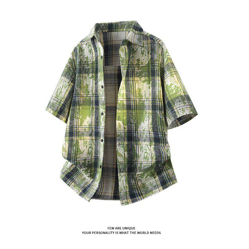 Мужская летняя рубашка с коротким рукавом в стиле тай-дай и color block - Свободный повседневный топ в гонконгском стиле