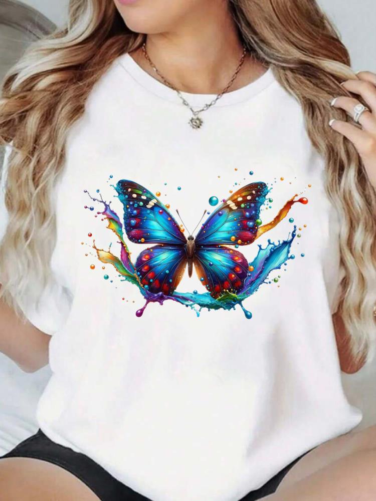 (Asian Size) Print Fashion Female Tee Top Women trend butterfly letter Clothing T Shirt Woman Short Sleeve Graphic T-shirts