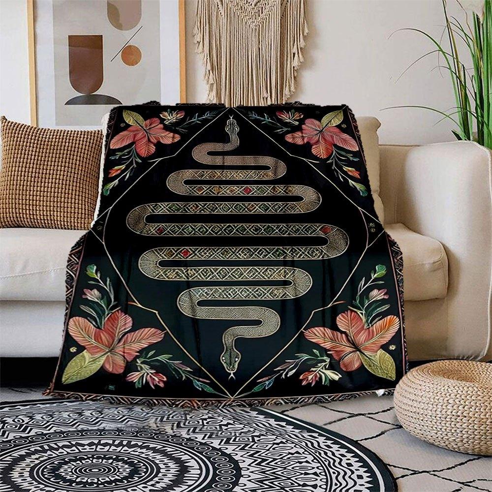 "Bohemian Snake Wall Art: Boho Decor with Flowers"Blanket Flannel Throw Blanket for Sofa, Bed, Travel, Camping, Office, Couch, Chair, And Be