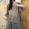 Lace Embroidery Literary and Retro Fresh Round Neck Fried Color Old Cotton Versatile Short-sleeved Shirt Women