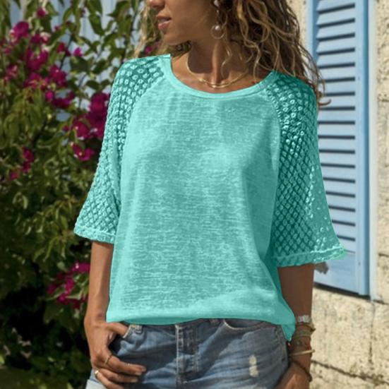 Women Tops Lightweight Breathable Mesh Design Loose Fit Sleeve Splicing Round Neck 46085 Sleeve Summer Casual